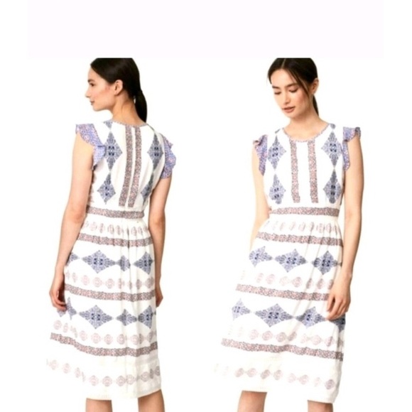 LOFT Dresses & Skirts - Loft  Midi Dress with Navy & Rust Print embroidered detailing size 4